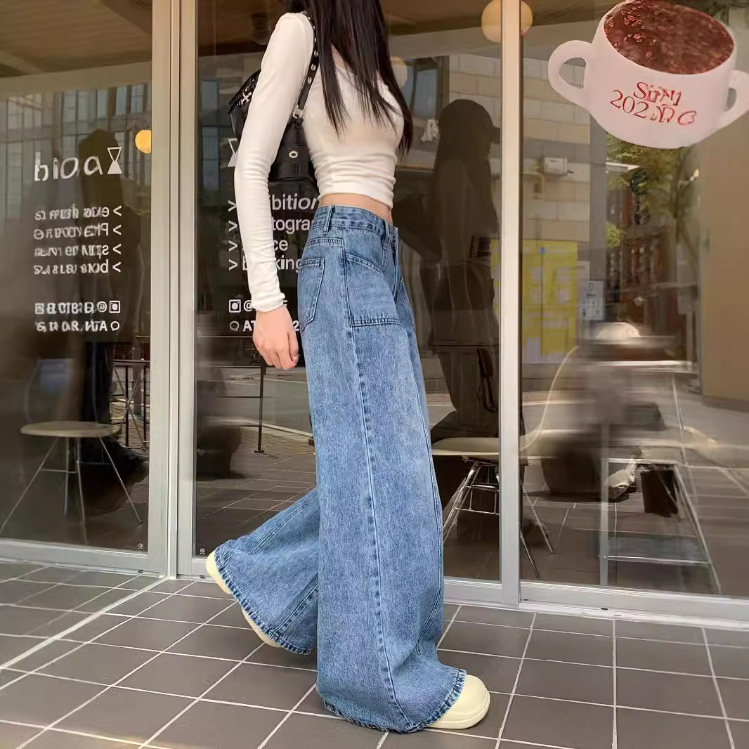블루 플레어 청바지 여자 2025 년 봄과 가을 느슨한 슬림 넓은 다리 바지 레트로 하이 웨이스트 올 매치 걸레 바지