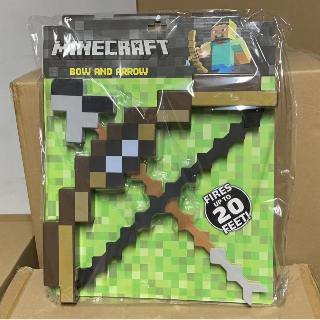 Minecraft toy model can shoot bows and arrows. Weapons can shoot brown and purple enchanted bows.