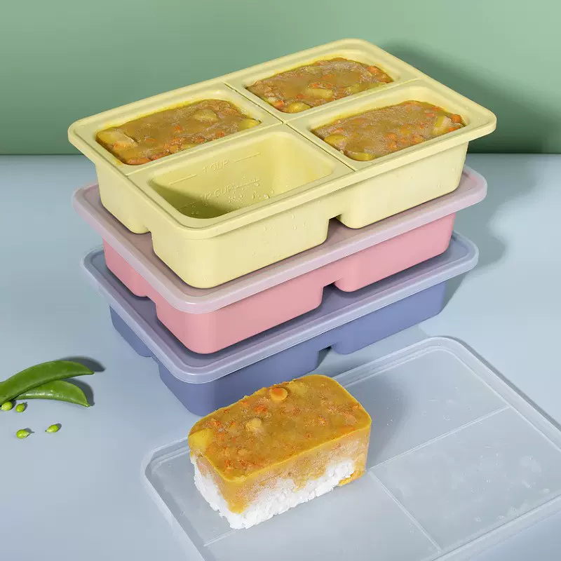 出售多功能冷冻冰格 硅胶冷冻盒辅食盒 4孔硅胶食物冷冻分装盒