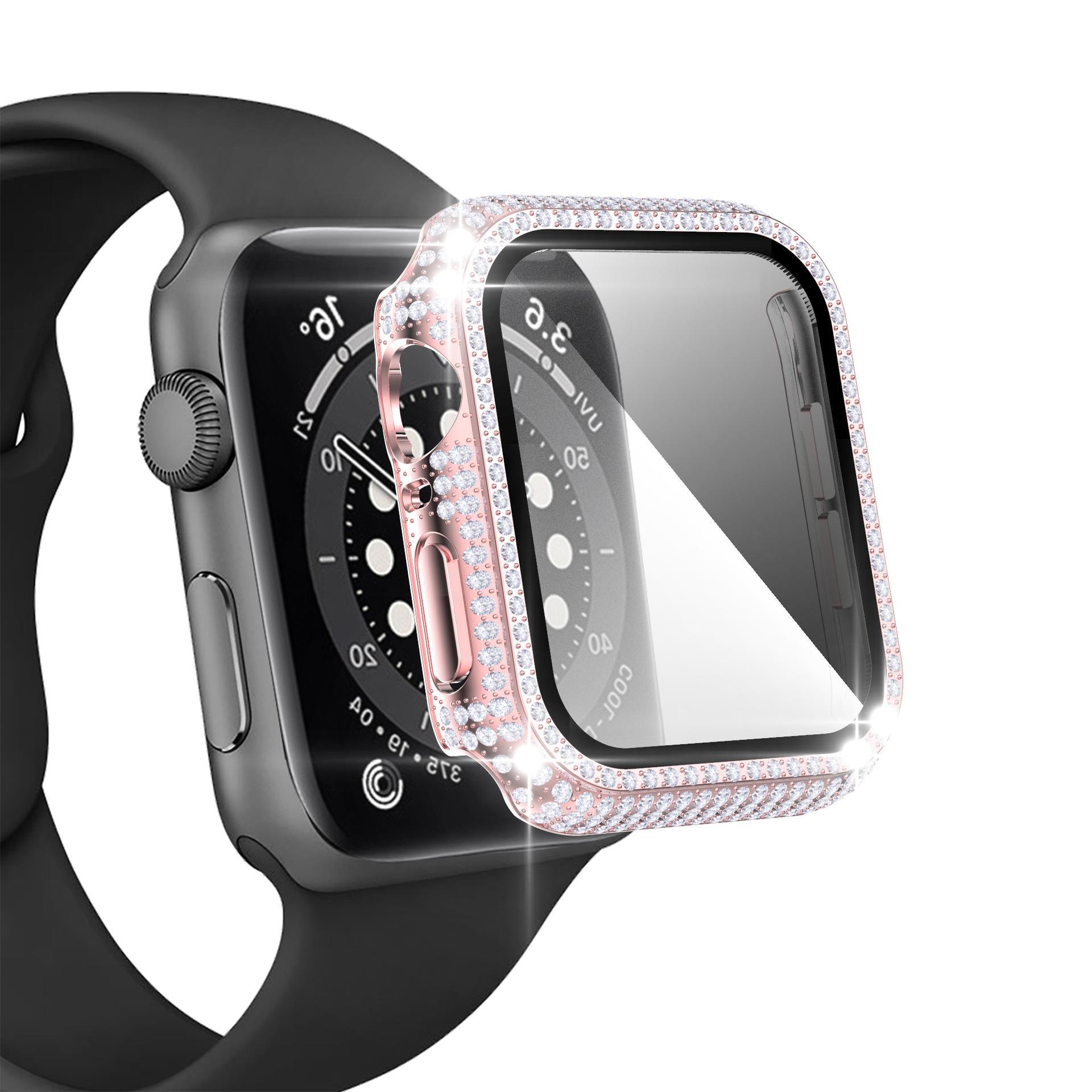 适用Apple watch 1-10代/SE电镀PC镶钻保护套s10壳膜一体表壳