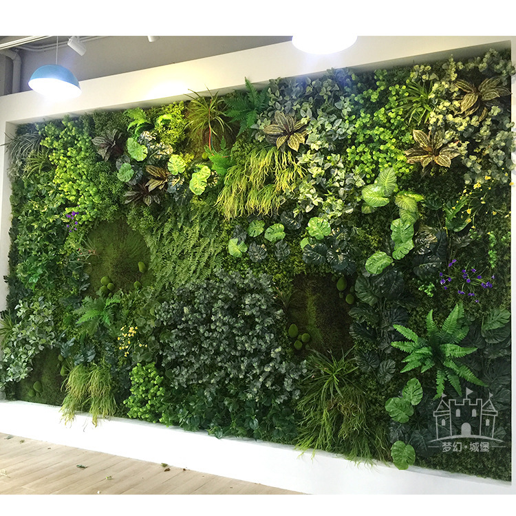 Planta artificial pared Fondo pared puerta tienda letrero decoración flor pared verde plástico falso flor eucalipto planta verde pared