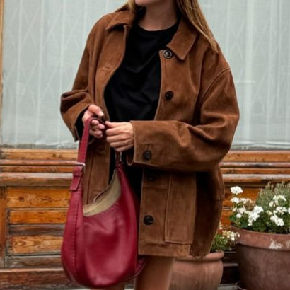 Damenbekleidung Real Shot Retro Revers Langarm Knopfjacke Mode Damen Loose Street Style Taschenjacke_voghion.com