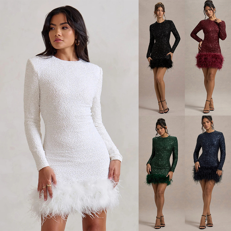 Amazon Independent Station European and American Women's Sexy Dress Long Sleeve Solid Color Sequin Feather dress Crewneck Women 8102