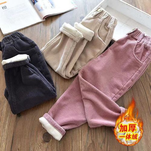 Women's Fleece-lined Pants Autumn/Winter Outwear Cotton-lined Thick Corduroy Baby Thin Fleece One-piece Lined Children's Striped Fleece Pants