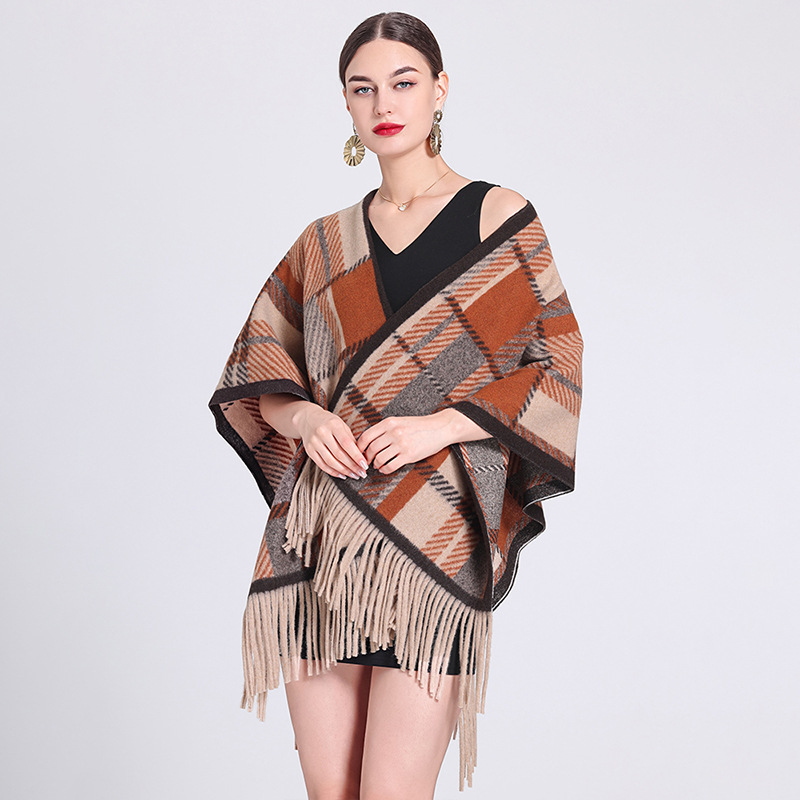 Shawl cape Lady's plaid cardigan with fringe plaid cape scarf woolen coat_voghion.com