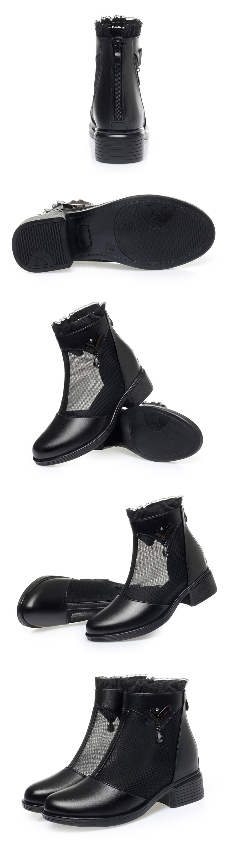 Boot lưới nữ da thật đế mềm cổ thấp hở mũi — màu đen chi tiết 7