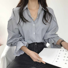 跨境秋季新款设计感小众细条纹宽松休闲衬衫简约内搭长袖女式上衣