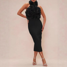 圣诞节欧美新款时尚抹胸性感高腰大花绷带连衣裙套装女装开叉长裙