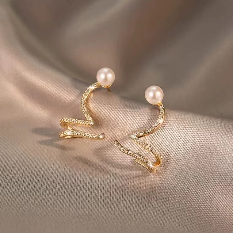 S925银针珍珠镶钻波浪形耳环韩国时尚耳钉耳骨夹一体耳环百搭耳饰