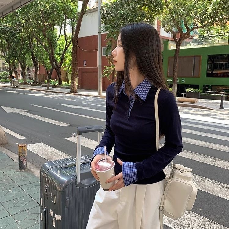 2025秋季新款格子拼接假两件针织衫Polo领韩版休闲设计感显瘦上衣|undefined