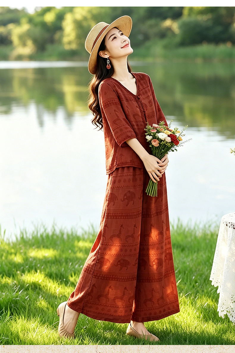 Bộ vest nữ hai mảnh V-neck sơ mi quần ống rộng mùa hè 2026 — Xanh lông mòng đen, màu đỏ chi tiết 7