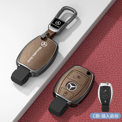 and Women's Key Case Leather | Car key bag - standard-type-c-plug-in-start-2-button-khaki-zinc-alloy-shell-car-logo-square-buckle-d-buckle