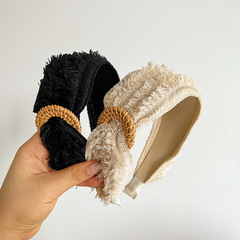 跨境編織毛邊純色側邊木質環扣點綴寬邊發箍新款氣質歐美風頭箍女