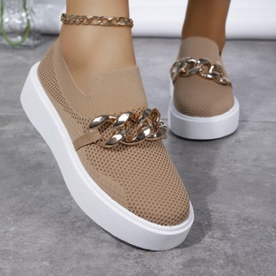 Cross-border foreign trade Europe and the United States plus size 2024 new thick-soled fly woven breathable golden chain foot lazy people a pedal shoes