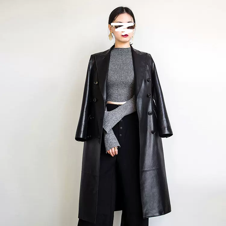 2023秋冬海宁新款BV风欧美长款西装领真皮女式皮风衣外套量大价优