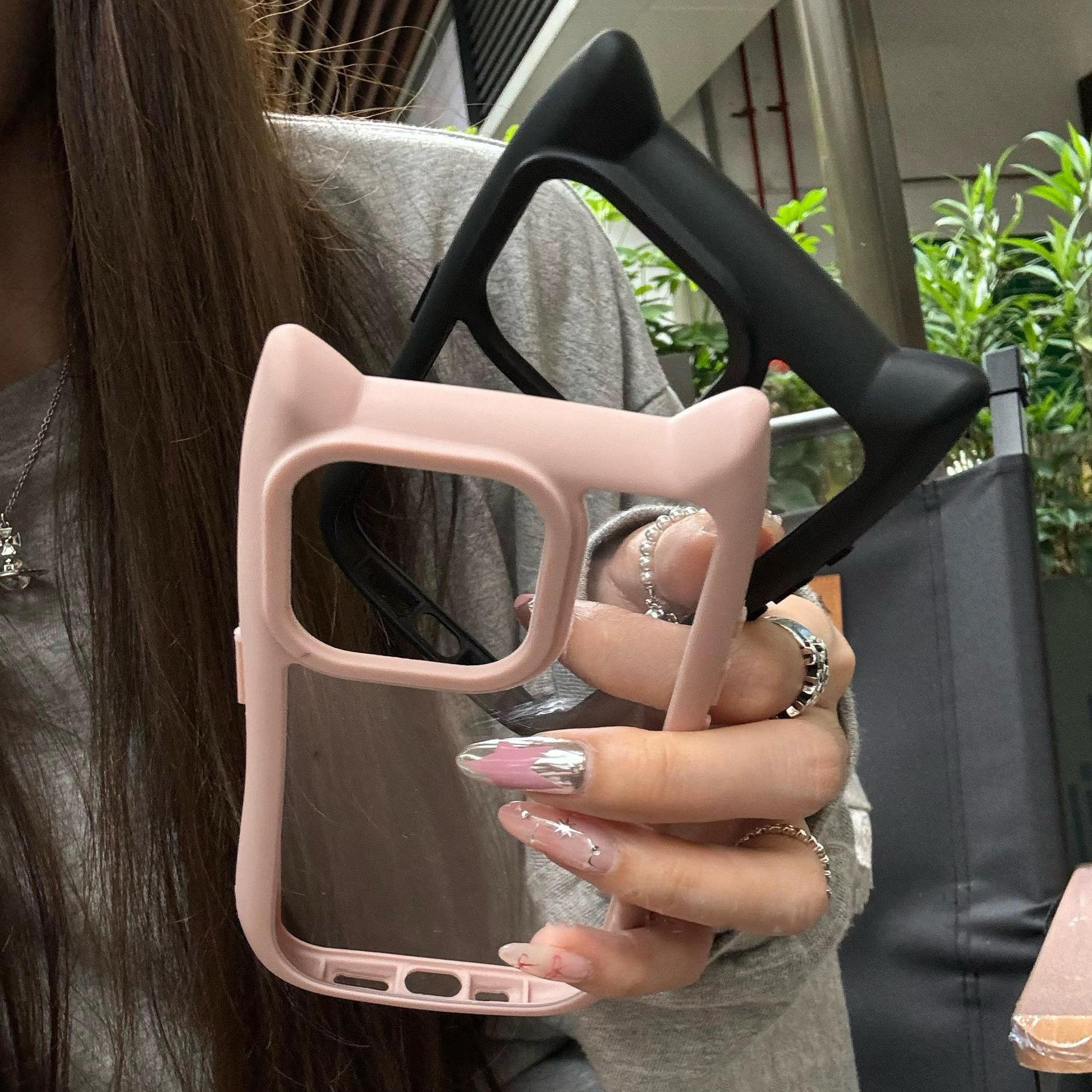 硅膠貓耳朵透明邊框適用蘋果15promax手機殼iphone14新款12簡約11