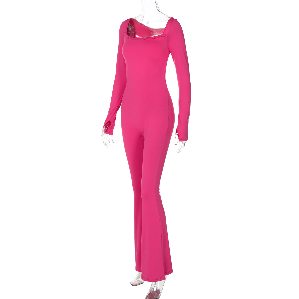 Sports Solid Color One Piece Trousers U Neck Long Sleeved Backless Fleece Jumpsuit Women Clothing Autumn