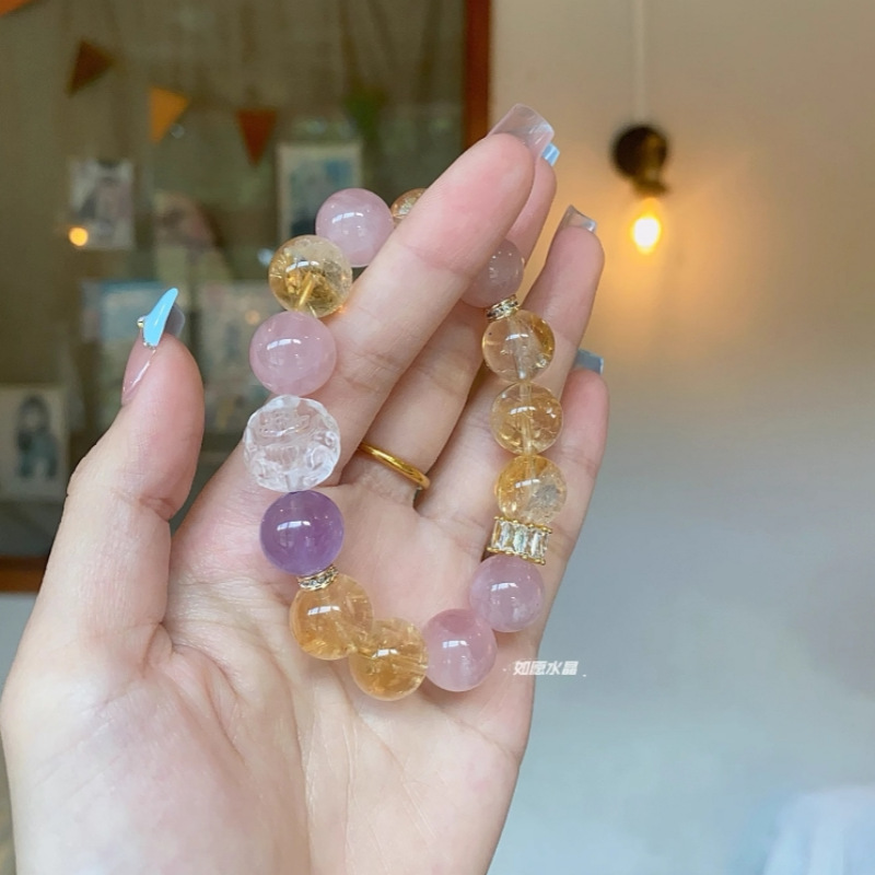 天然粉晶小眾設計招桃花輕奢愛心手串送閨蜜女友大顆粒太陽黃水晶