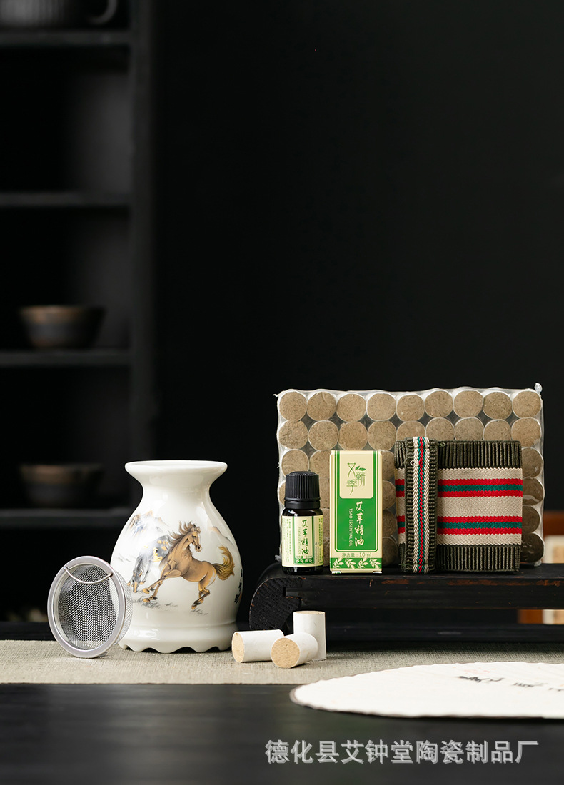 Ceramic Moxibustion Jar Lotus Rim Gua Sha Cup Portable Moxa Warmer with Ash Net and Cloth Cover details