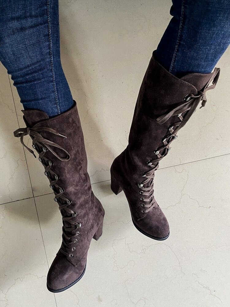 Women's Plus Size High Heeled Fashion Boots Chunky Heel Suede Cross Strap Long Boots European American Style Winter Slimming_vogvips.com