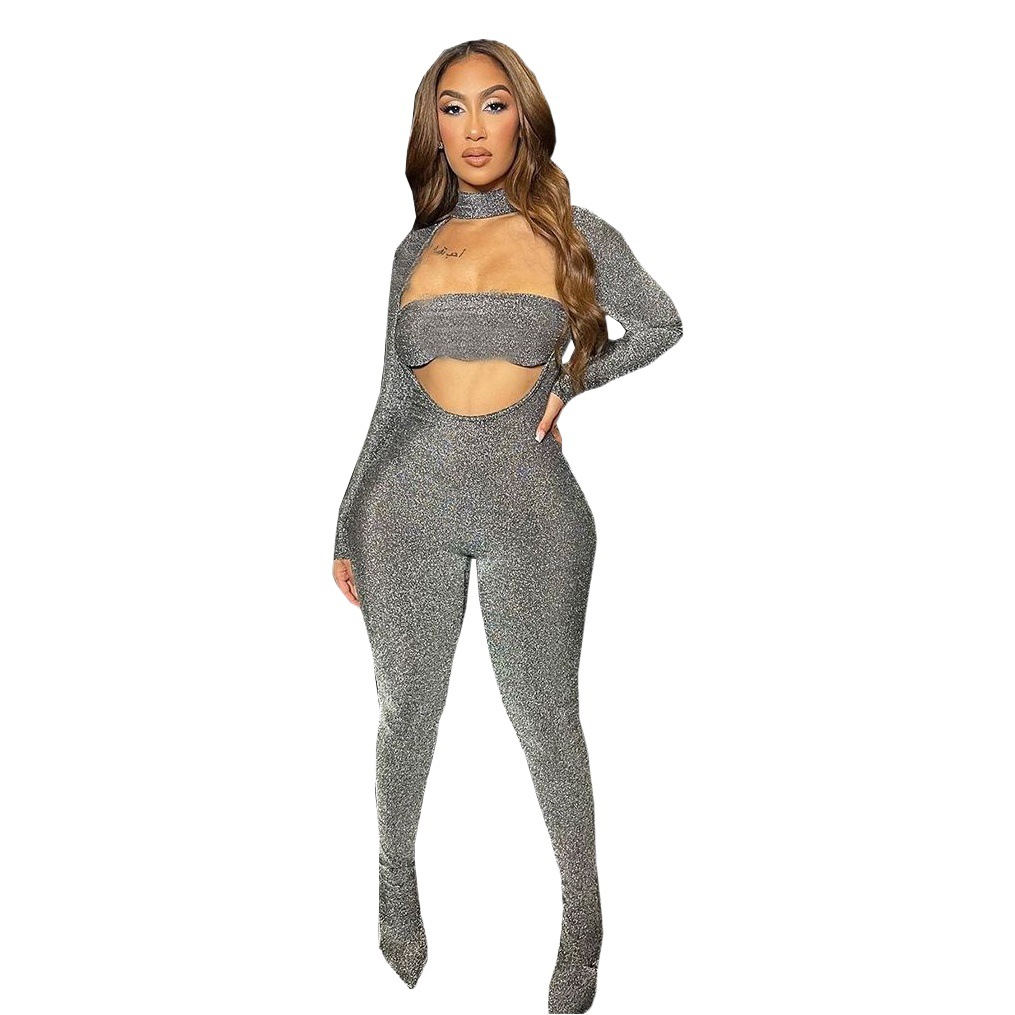 9624JD nazada europea y americana de comercio exterior ropa mujer cuello alto manga larga sexy Hollow stretch jumpsuit mujeres