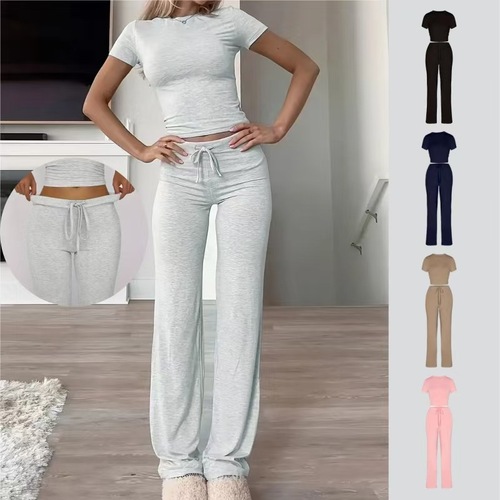 2025 Spring Cross-Border Women's Amazon Best-Selling Solid Color Pants Short-Sleeve Casual Fashion Two-Piece Set