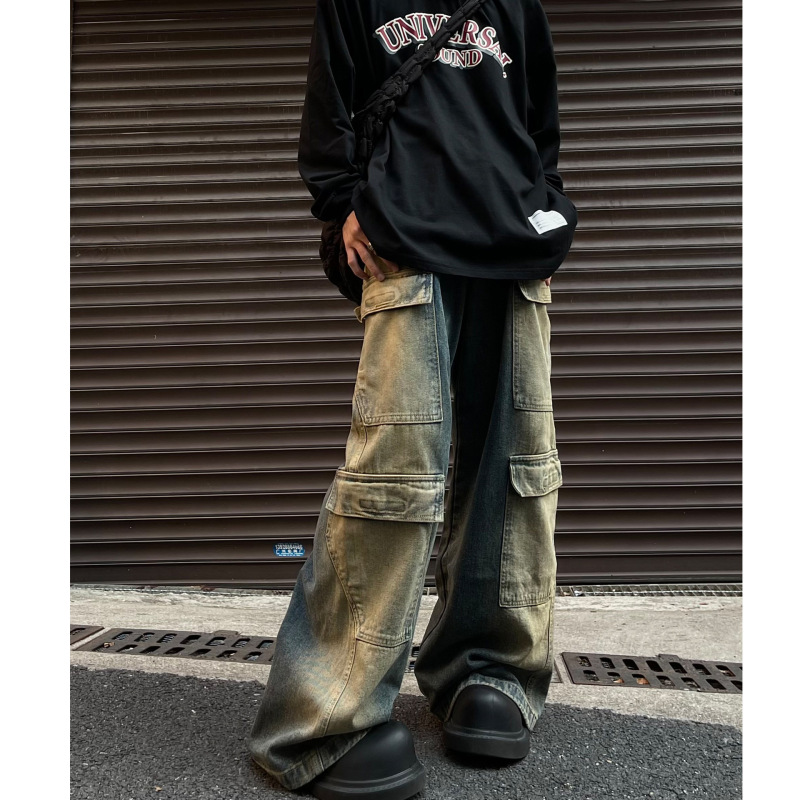 Gradient Contrast Velcro Large Pocket Tooling Jeans Men's Wide Leg Trousers Retro Blue in stock Single Cotton Gradient Contrast Velcro Large Pocket Tooling Jeans Men's Wide Leg Trousers Retro Blue in stock Single Cotton