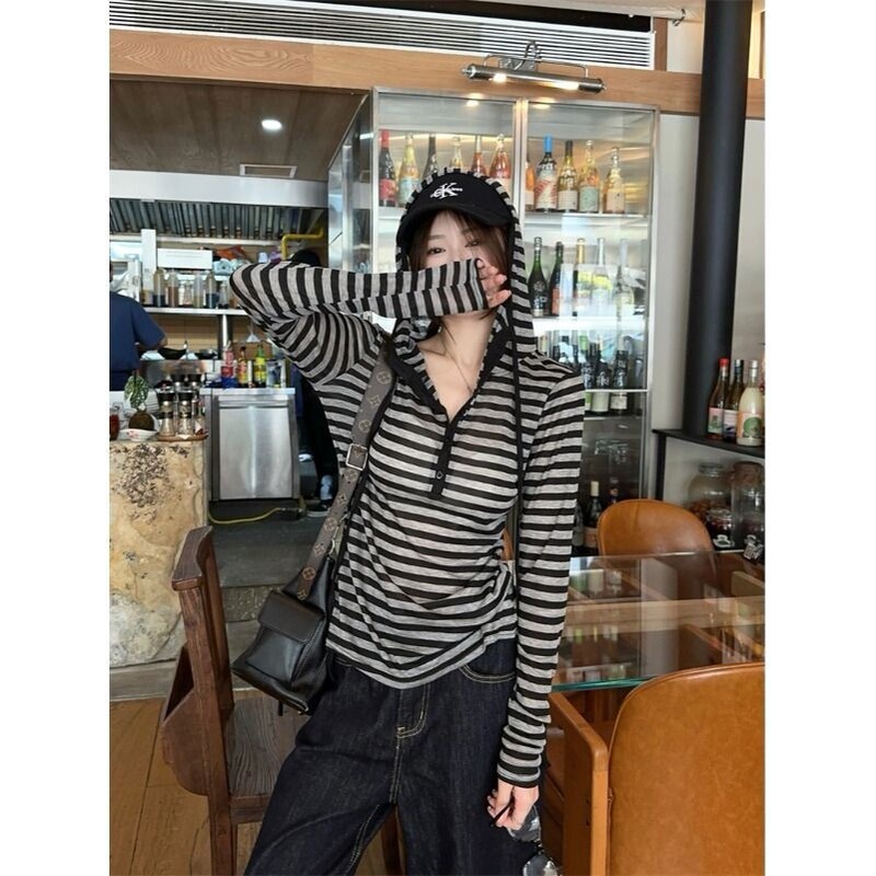Hooded Striped Long-Sleeve T-Shirt for Women, Thin Base Top, 2025 Autumn Design, Chic Button Sun Protection Cover-Up