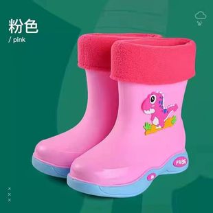 Cute dinosaur cartoon plus cotton warm children's rain shoes men and girls rain boots, anti -slip casual small middle big children's water shoes
