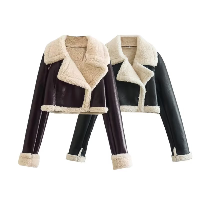 2025 Spring New European and American Style Double-Sided Loose Short Suit Collar Zipper Fur One-Piece Jacket