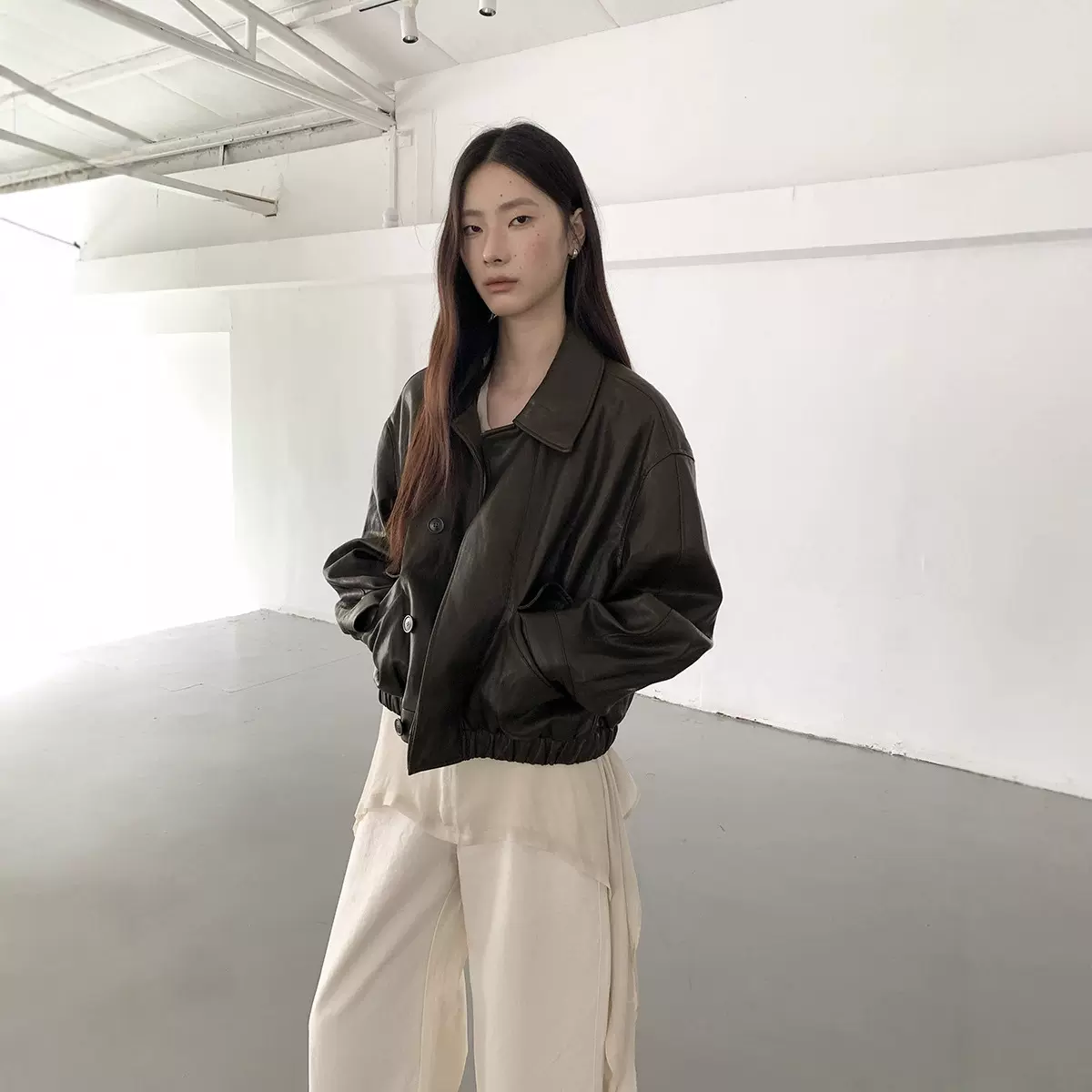 爱与南希十三行2025秋冬气质通勤美式宽松翻领PU皮衣夹克短外套女