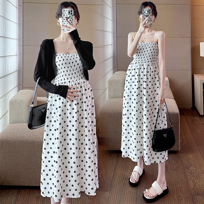 2024 new pregnant women dress fashion long daisy flower color elastic thin shoulder strap long skirt summer