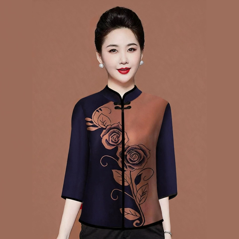 Three-Quarter Sleeve Improved Cheongsam with Traditional Chinese Style Button-Down T-Shirt for Women, Retro Print Ethnic Style Loose Slimming Top for Women