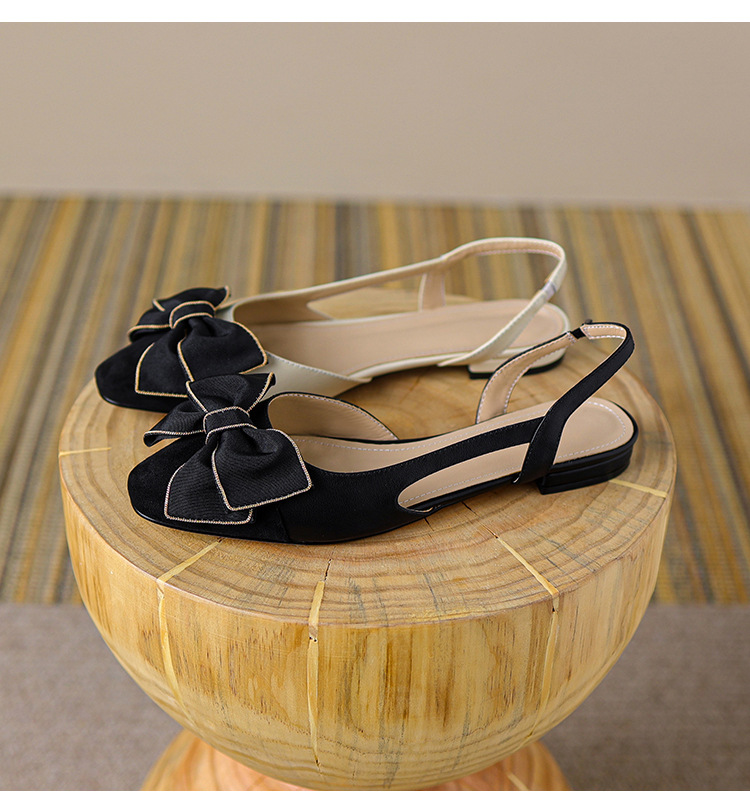 Sandal nữ bít mũi đế bệt phong cách cổ điển nơ phối màu — Màu đen chi tiết 5