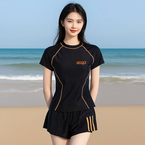 Women's One-piece Short Sleeve Conservative Hot Spring Swimming Pool Plus Size Body-Concealing Slimming Student Swimwear