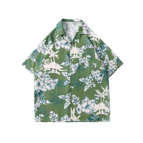 Hibiscus Island Vintage Collar Short-Sleeve Shirt for Men and Women, Relaxed Style, Versatile and Casual Beach Flower Print Retro Shirt