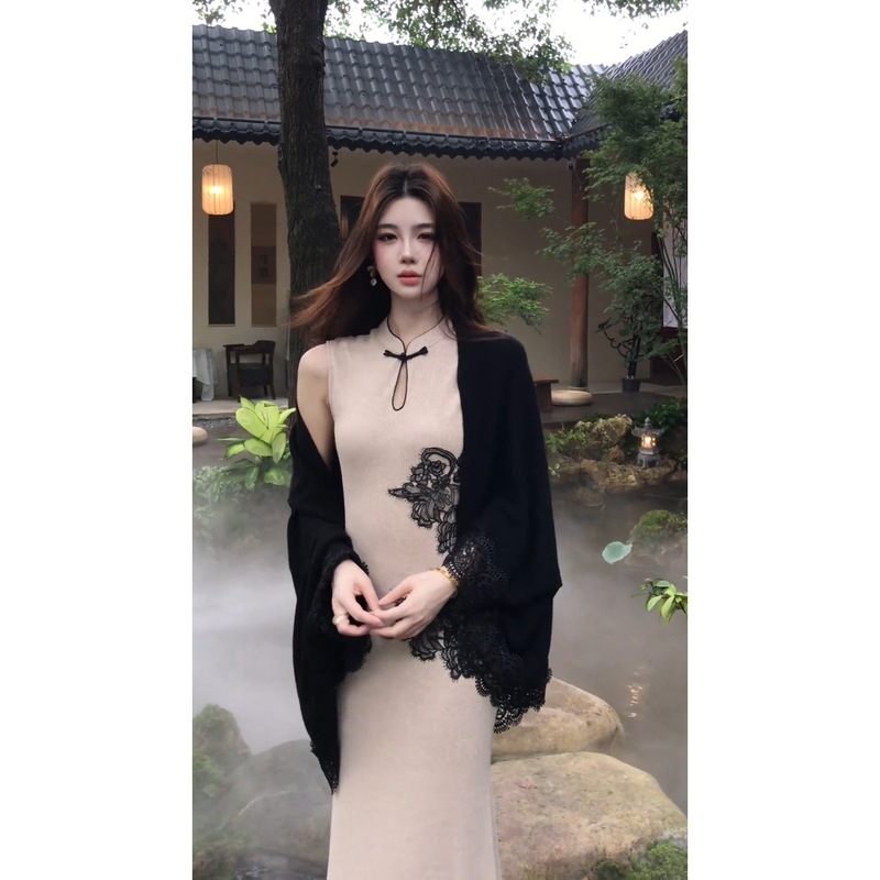 新中式国风秋季新款无袖旗袍连衣裙女蕾丝拼接披肩套装|undefined