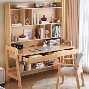Children's Study Table Bedroom Liftable Solid Wood Core Writing Table Student Home Simple Computer Table with Bookshelf