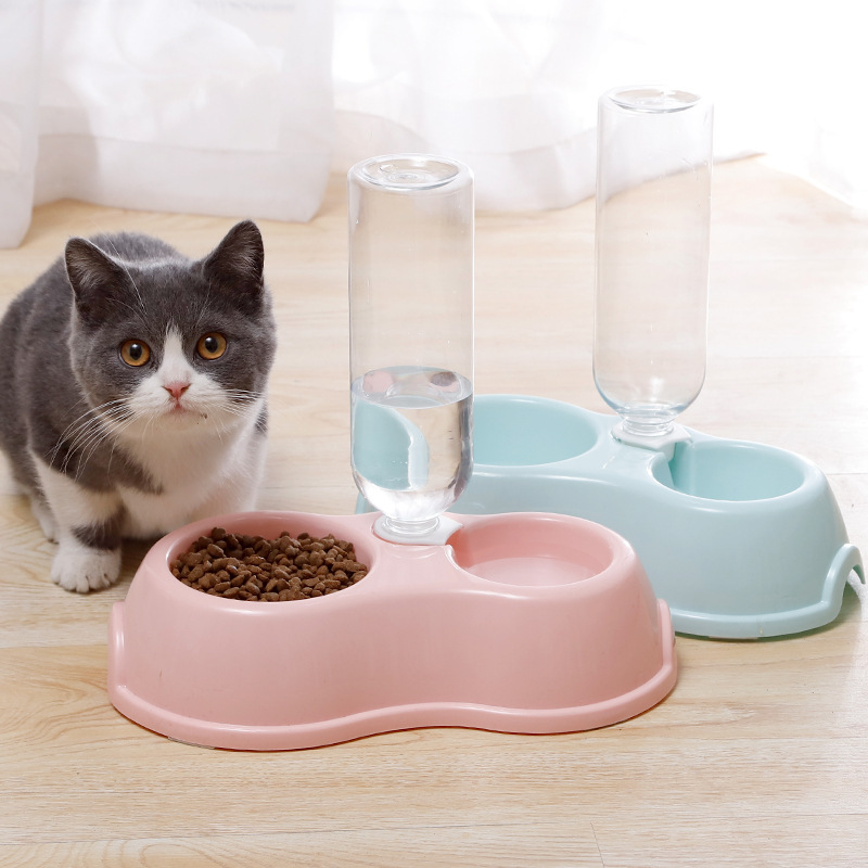 Thin INS with drinking water bottle round plastic pet double bowl to…