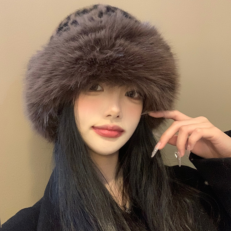 2025豹纹保暖毛绒帽子女2024年秋多季复古加厚防赛显脸小护耳渔夫|undefined