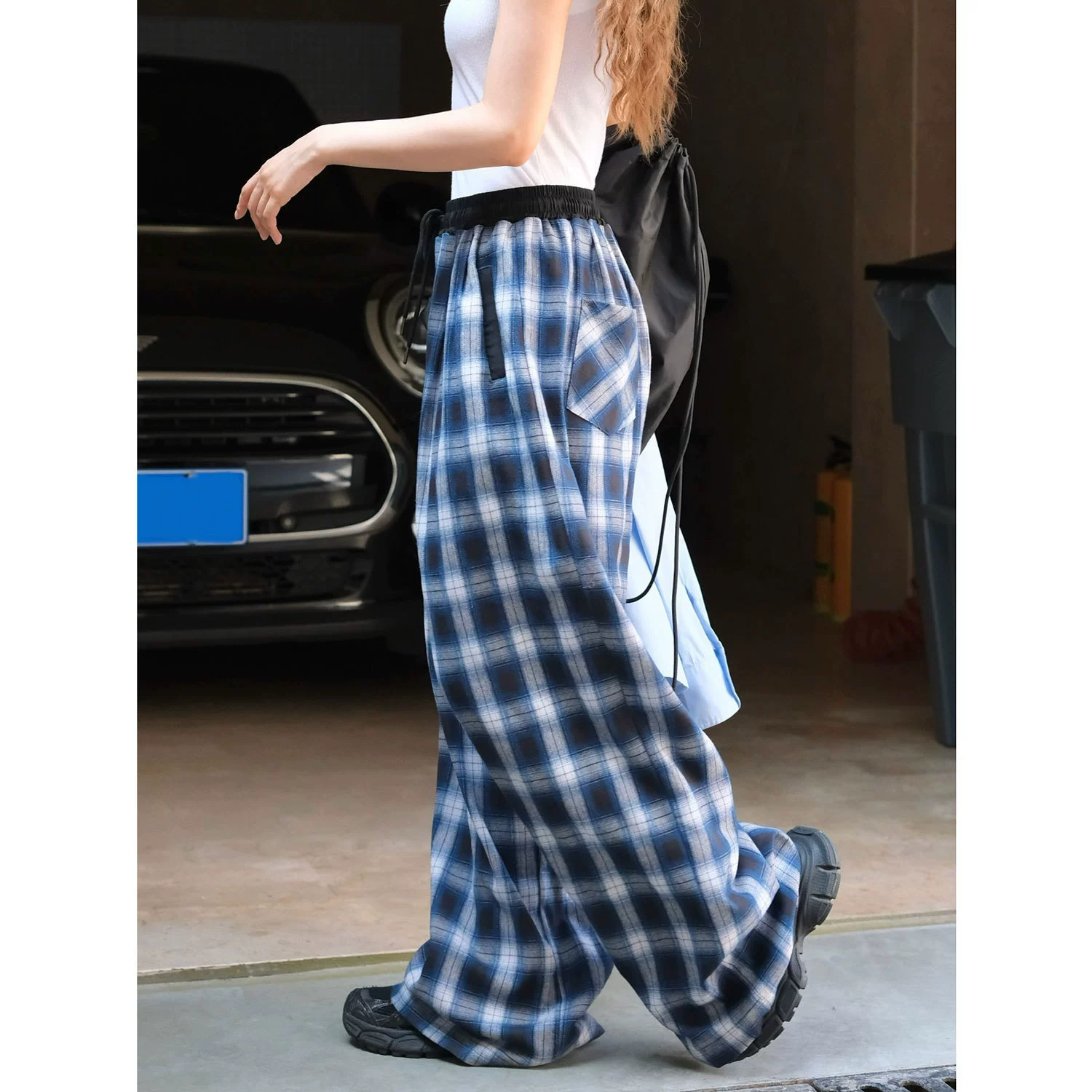 Осенние и зимние новые американские уличные ретро в клетку широкие повседневные брюки свободные эластичные мягкие брюки женские