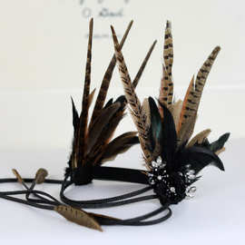 新款鸡尾羽毛发饰黑色头饰古风漫展印第安酋长帽舞台表演道具头戴