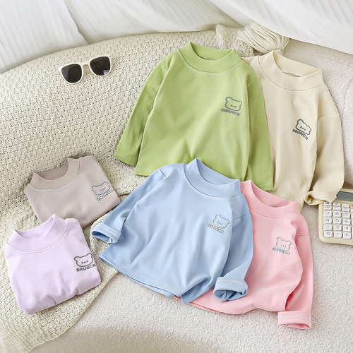 Children's spring, autumn, winter, velvet bottomed shirt, semi-high-collar, Korean style, small and medium-sized children's top, baby's long-sleeved warm T-shirt