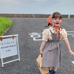 韓國女童夏季新款韓版洋氣格子連衣裙泡泡袖翻領襯衫兩件套