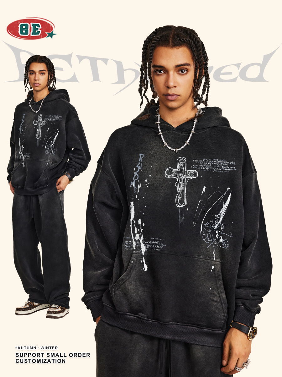 Be Hombres| 2025 otoño americano callejera suelta pintada a mano pareja ropa de moda inns pintado punto chaqueta con capuz para hombre image 4