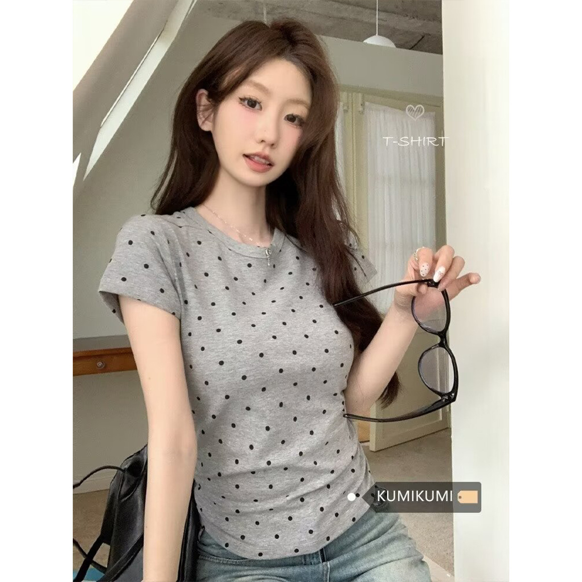 Craftsman One Student Polka Dot Short Sleeve T-Shirt for Women 2026 Summer New Korean Style Slim Fit Fashion Versatile Top Trend