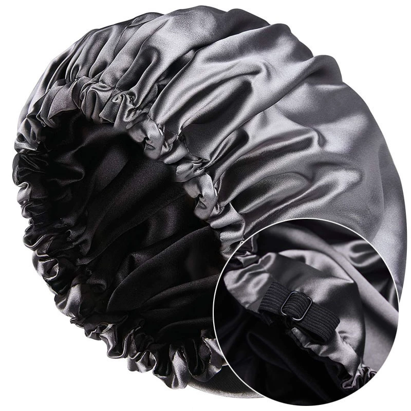 Double‑sided satin nightcap, adjustable women's pullover beanie, enlarged head circumference, silky lining