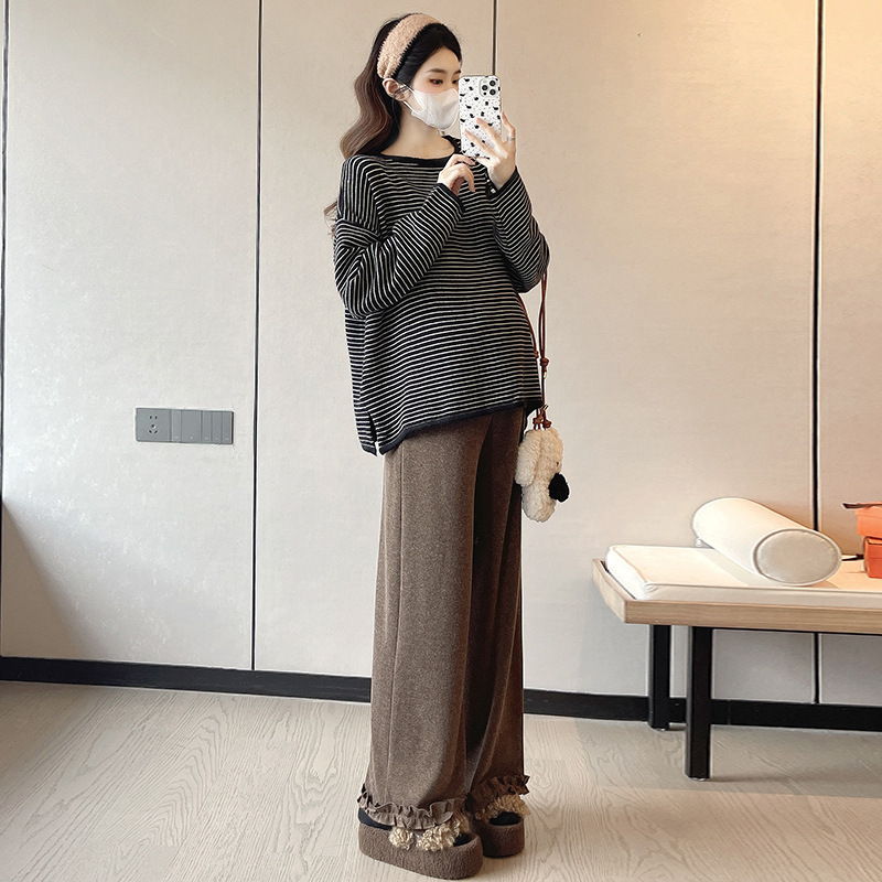 孕妇装秋冬圆领条纹毛衣时尚休闲宽松显瘦百搭上衣+阔腿裤两件套|undefined