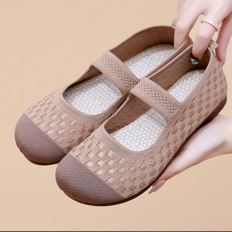 鞋子女春秋新款透气防滑休闲百搭舒适单鞋玛丽珍一字带飞织妈妈鞋