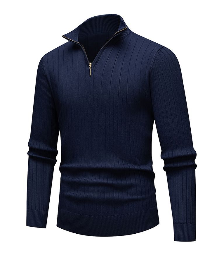 Suéter masculino primavera / otoño / invierno de manga larga cuello sólido hombre medio cremallera comercio exterior simple camisa de punto de color sólido casual